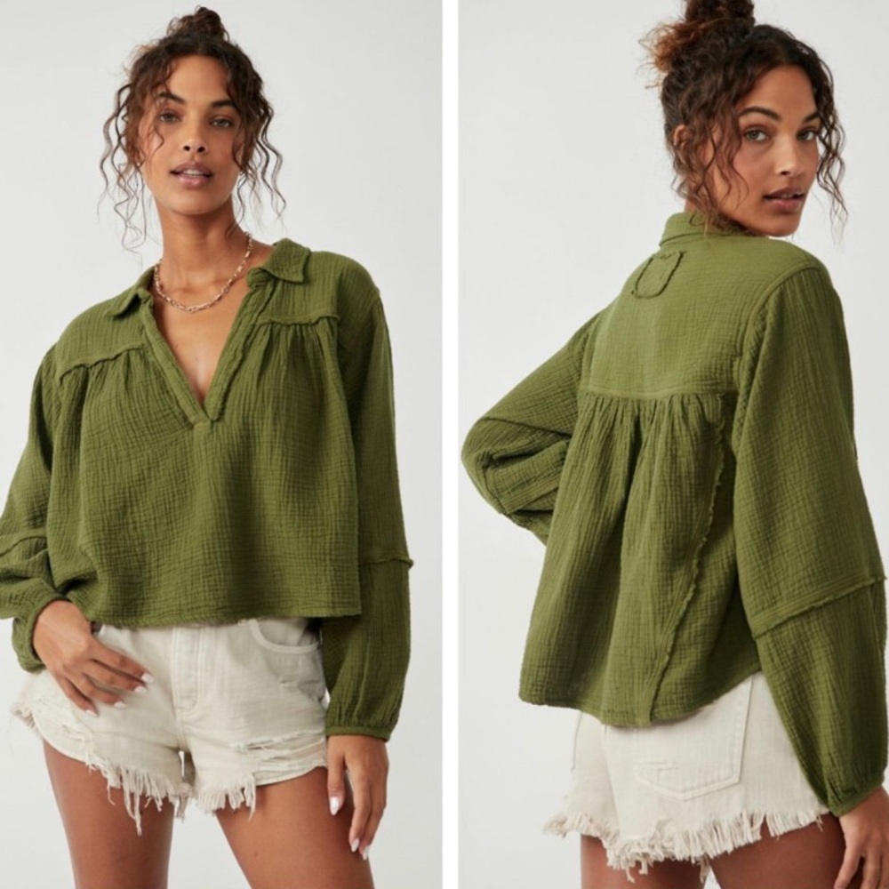 Free People Olive Green V Neck Long Sleeve Blouse size medium